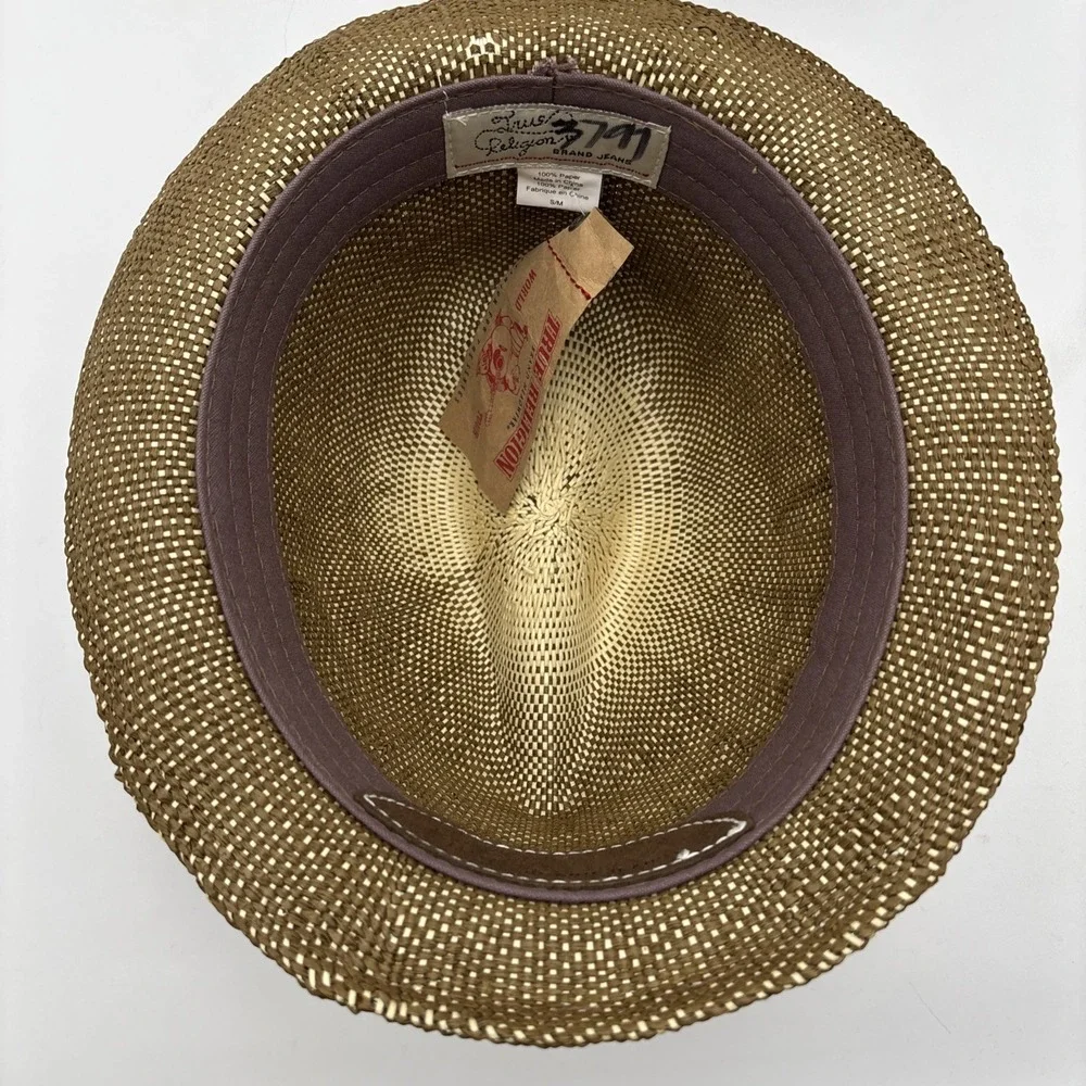 True Religion Jeans Paper Straw Fedora Hat Small/Medium Distressed‎ Leather NWT